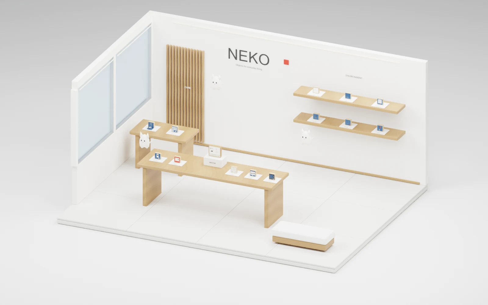 NEKO showroom: modules on wooden tables in a bright, open space