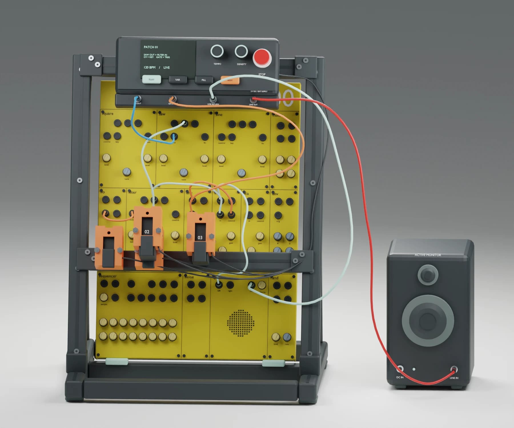 Modello 3D di AUTO / 400: ponte con quattro attuatori sul pannello giallo del Modular 400, cablaggio e monitor esterno