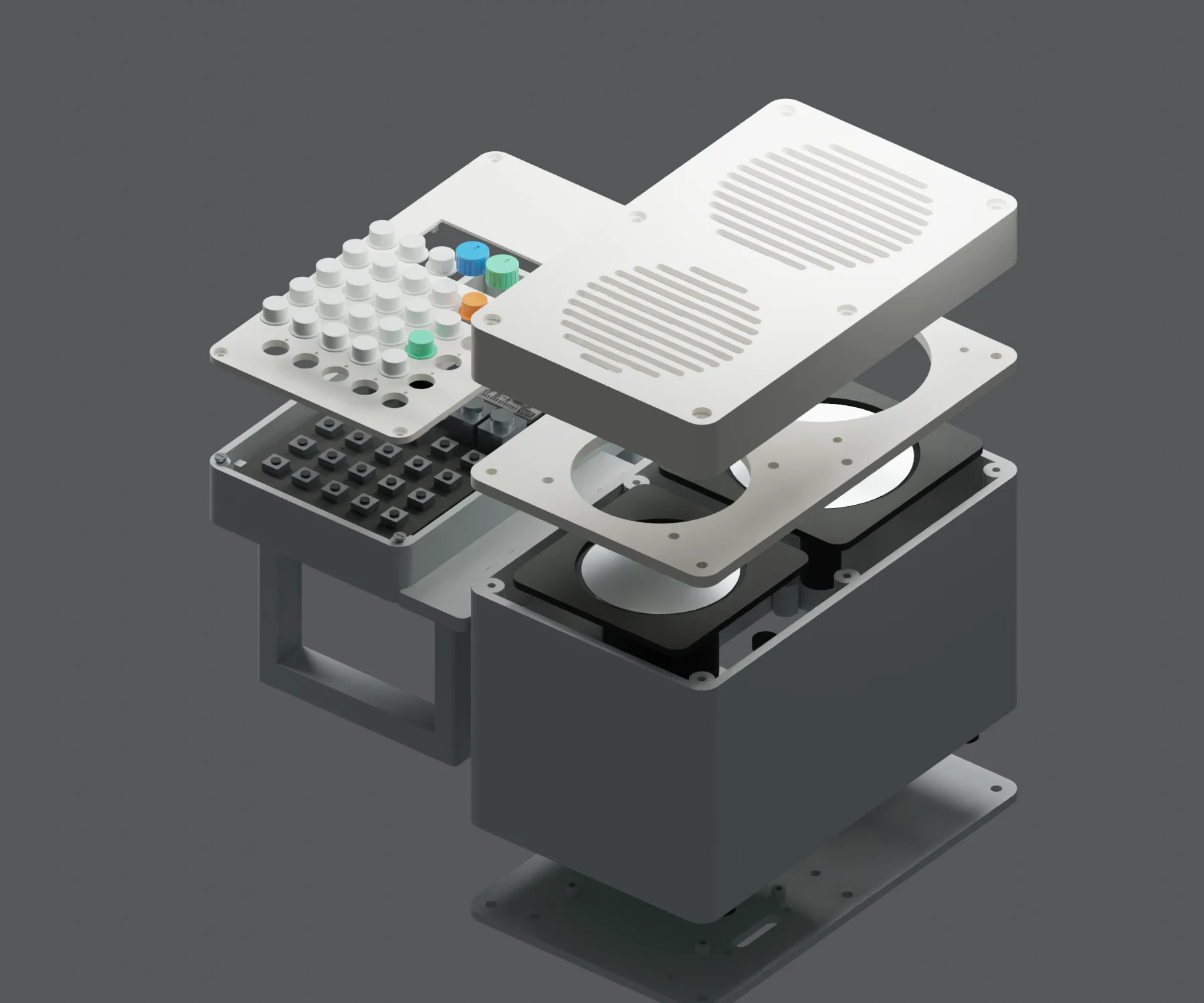 Vista esplosa V2 con scocche, comandi, pannelli speaker e vano elettronico separati