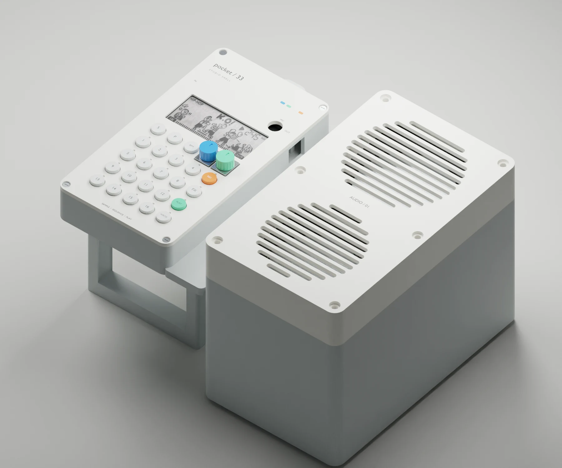 Render del prototipo V2: case chiaro per Pocket Operator con manopole colorate e speaker laterale