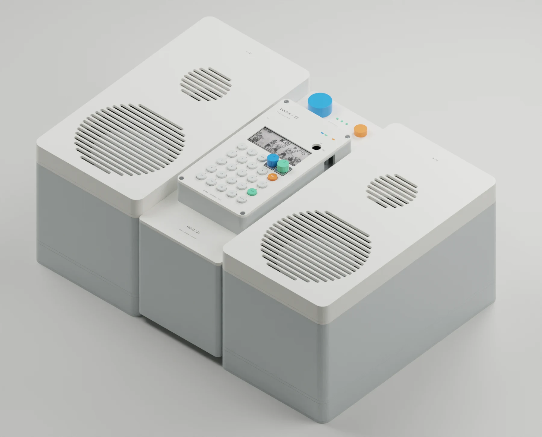 Studio V3 portatile con Pocket Operator centrale fra due moduli speaker stereo