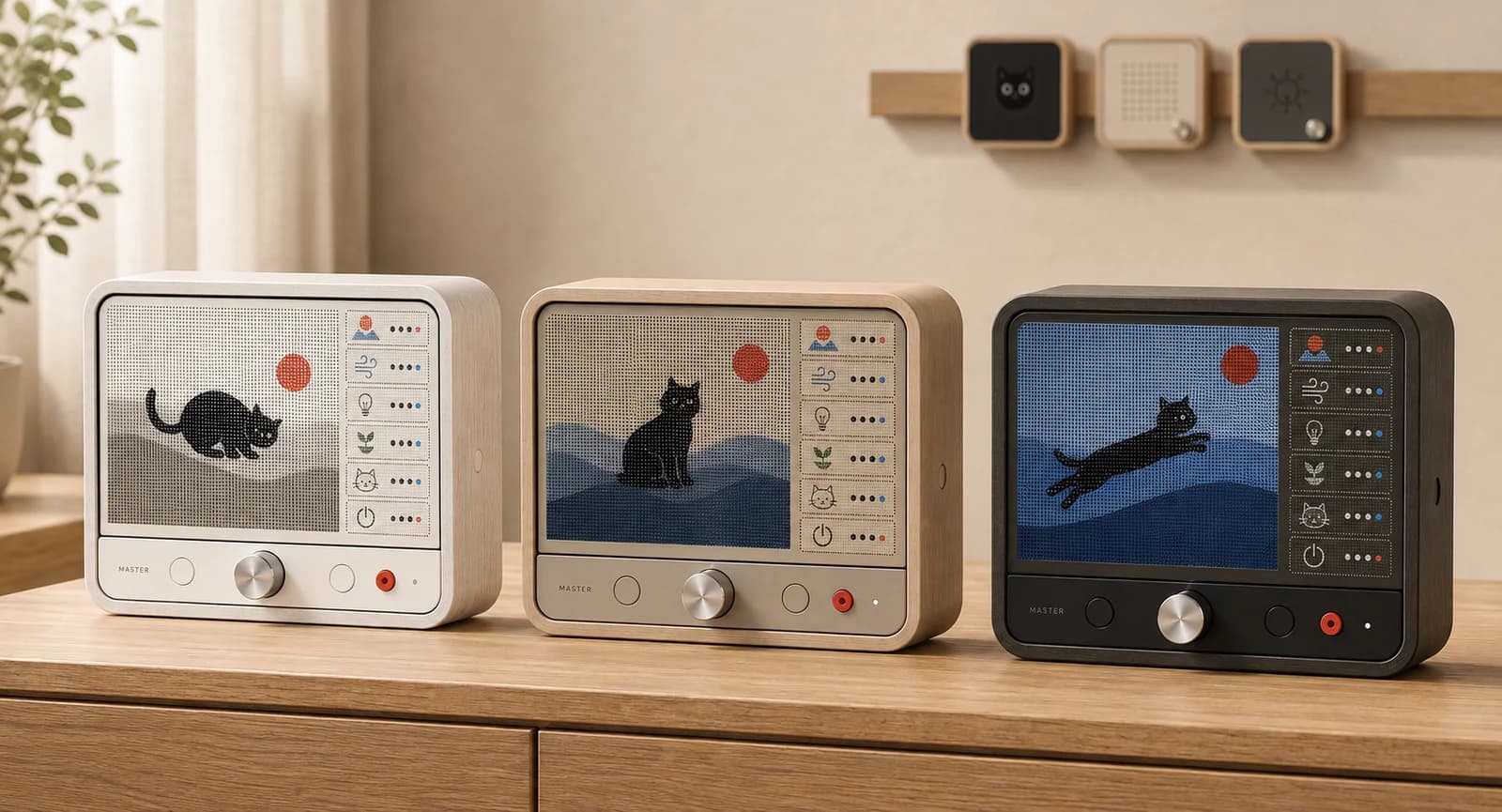 NEKO MASTER concept in three finishes, with an LCD beneath the perforated panel and physical controls