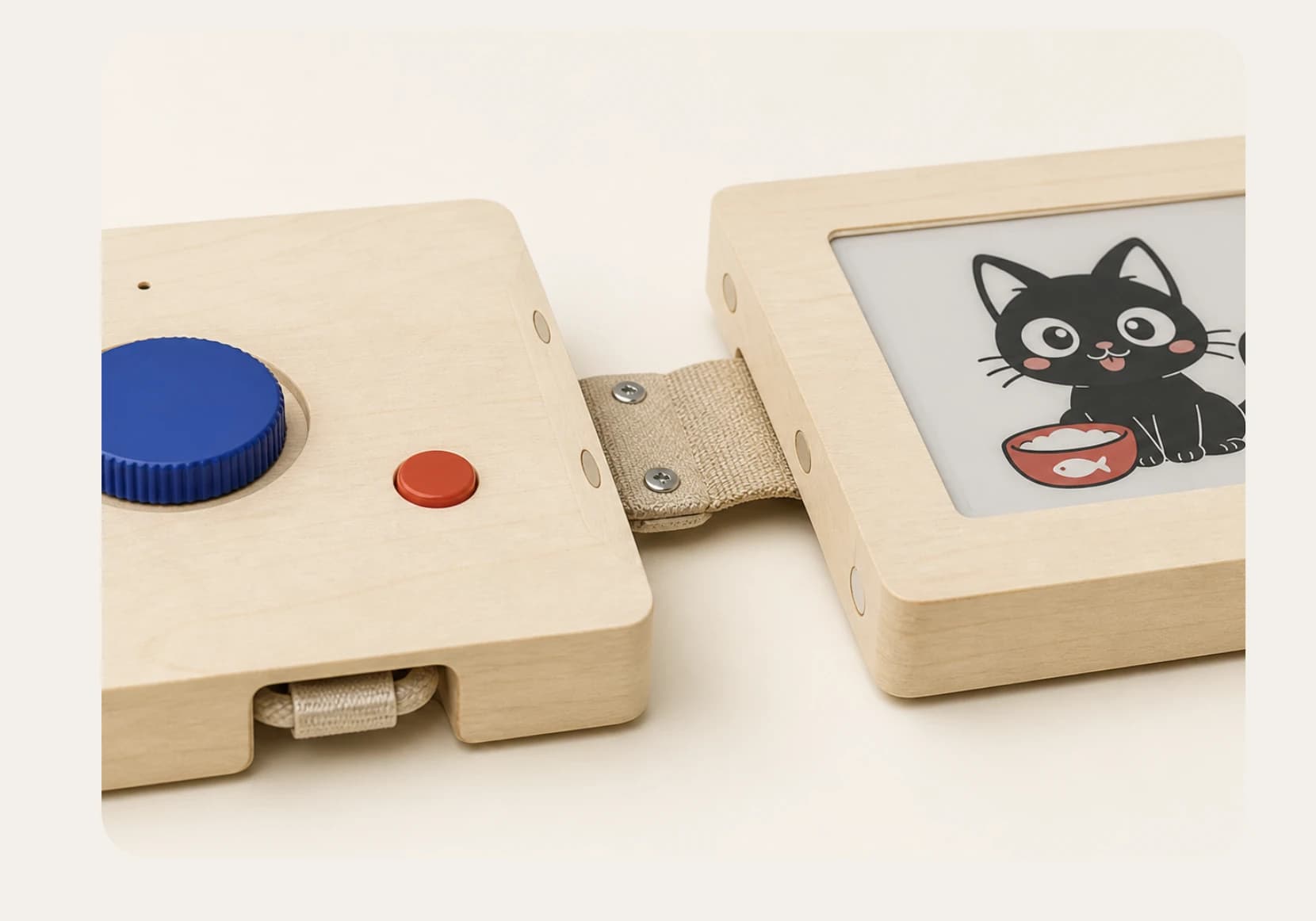 Detail of the wooden Control and Paper modules joined by a sliding lock and magnetic catches